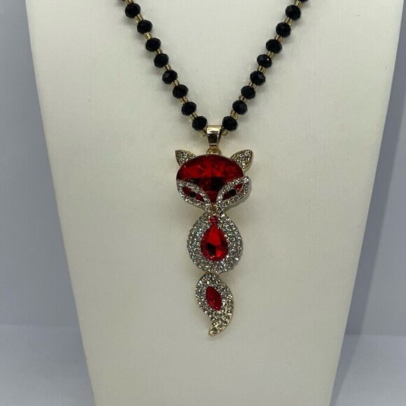 Rhinestone Fox Statement Necklace Beaded Red And Black Articulated Chunky Boho - Picture 1 of 7